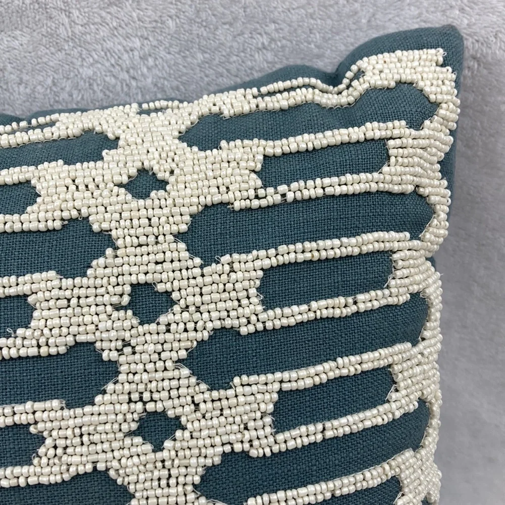 Pier 1 VTG Teal & Cream Beaded Decorative Pillow 12 x 12